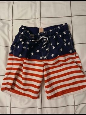 Boys American Flag Stars & Stripes Swim Trunks - Navy, Red, White